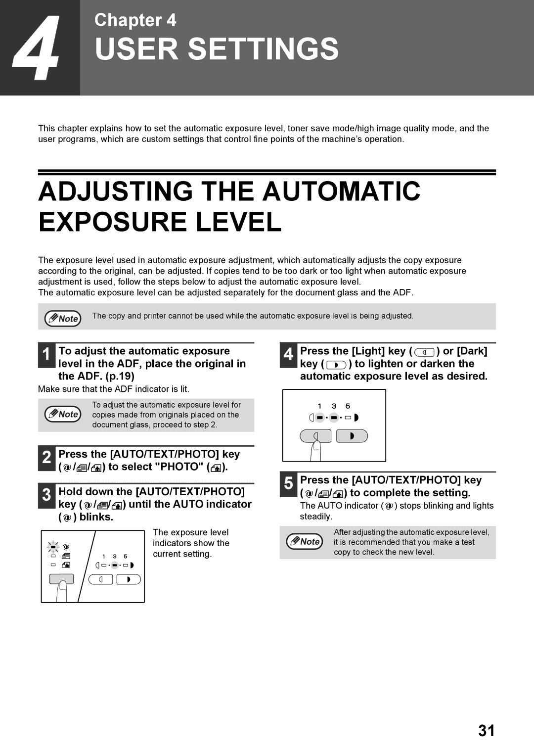 Toshiba e-STUDIO161 manual Adjusting the Automatic Exposure Level, Make sure that the ADF indicator is lit 