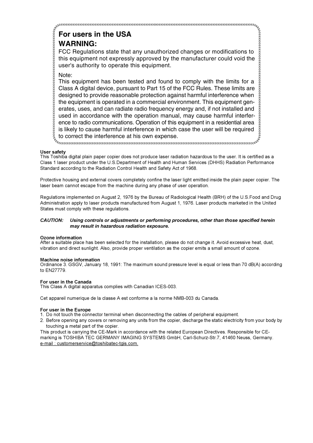 Toshiba e-STUDIO161 manual User safety 