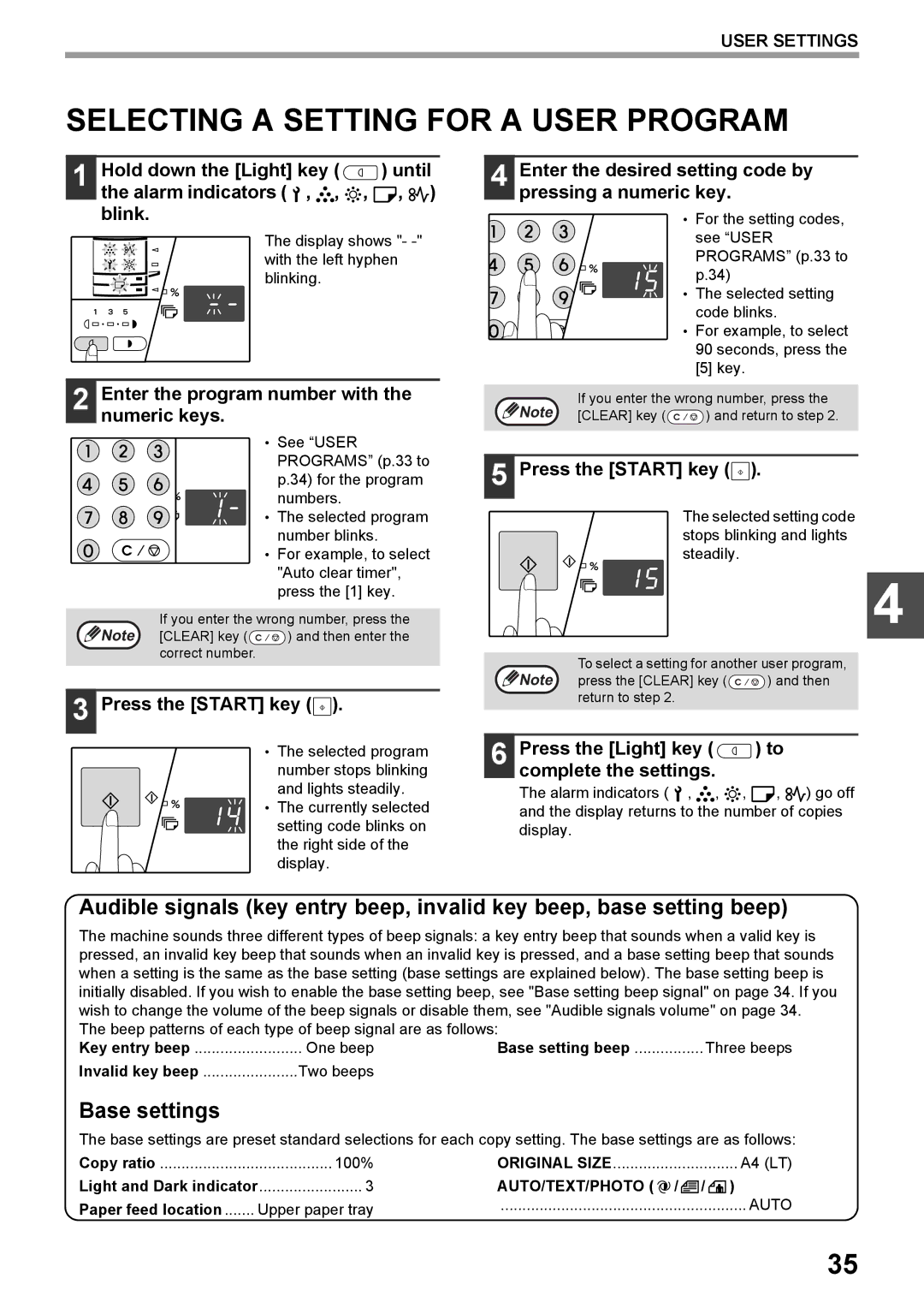 Toshiba e-STUDIO161 manual Selecting a Setting for a User Program, Base settings 