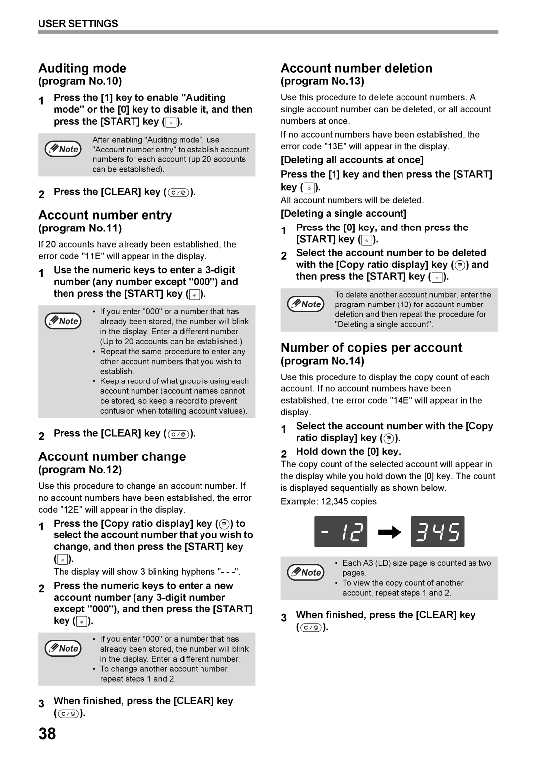 Toshiba e-STUDIO161 manual Auditing mode, Account number entry, Account number change, Account number deletion 