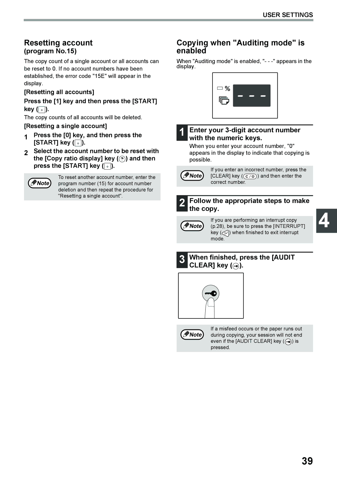 Toshiba e-STUDIO161 manual Resetting account, Copying when Auditing mode is enabled 