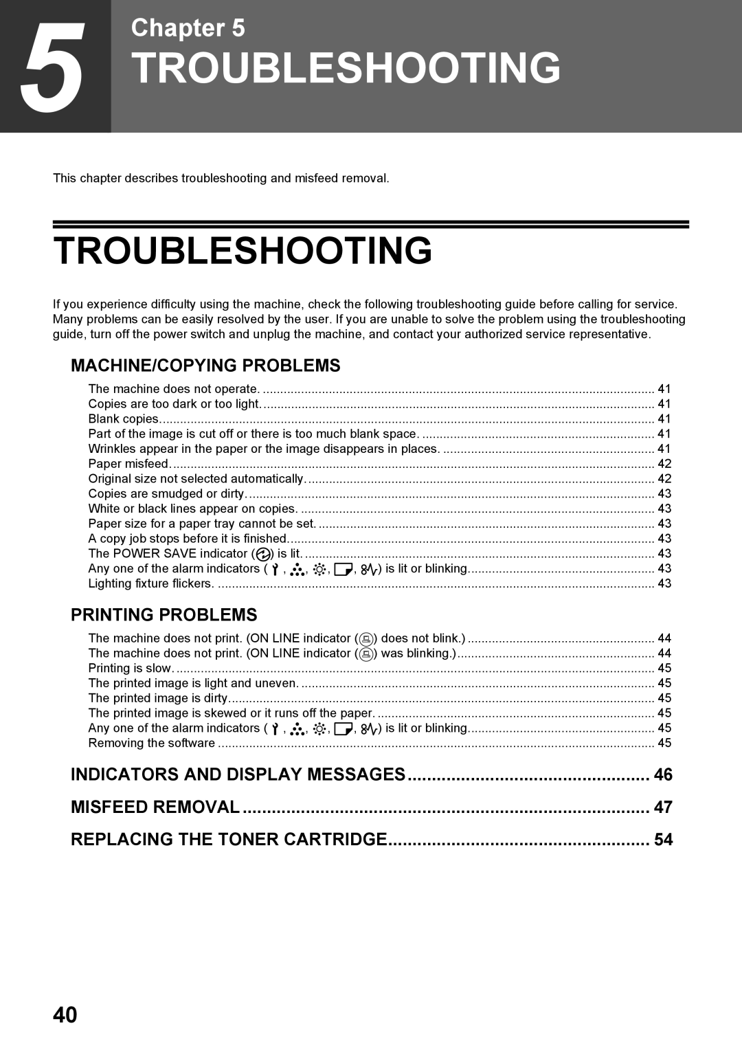 Toshiba e-STUDIO161 manual Troubleshooting, This chapter describes troubleshooting and misfeed removal 