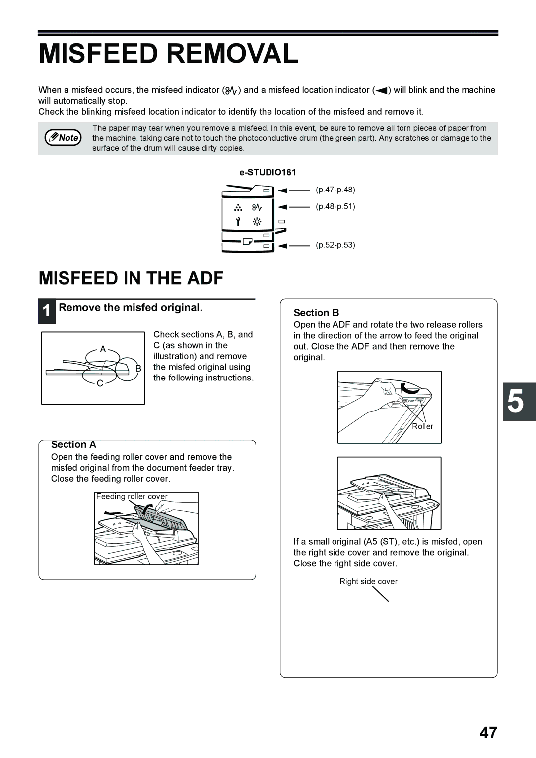 Toshiba e-STUDIO161 manual Misfeed Removal, Misfeed in the ADF, Remove the misfed original, Section a, Section B 