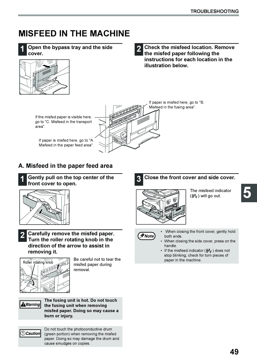 Toshiba e-STUDIO161 manual Misfeed in the Machine, Misfeed in the paper feed area 