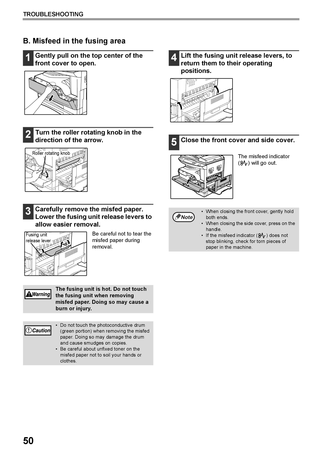 Toshiba e-STUDIO161 manual Misfeed in the fusing area, Lower the fusing unit release levers to, Allow easier removal 