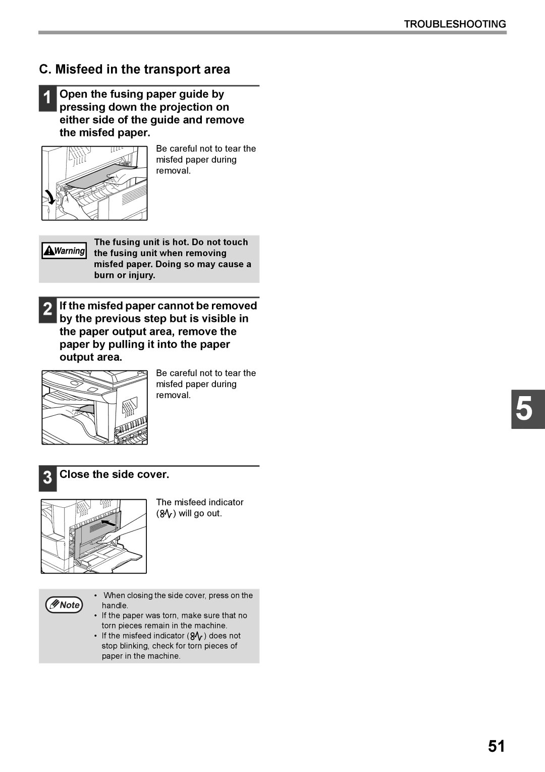 Toshiba e-STUDIO161 manual Misfeed in the transport area, Close the side cover 