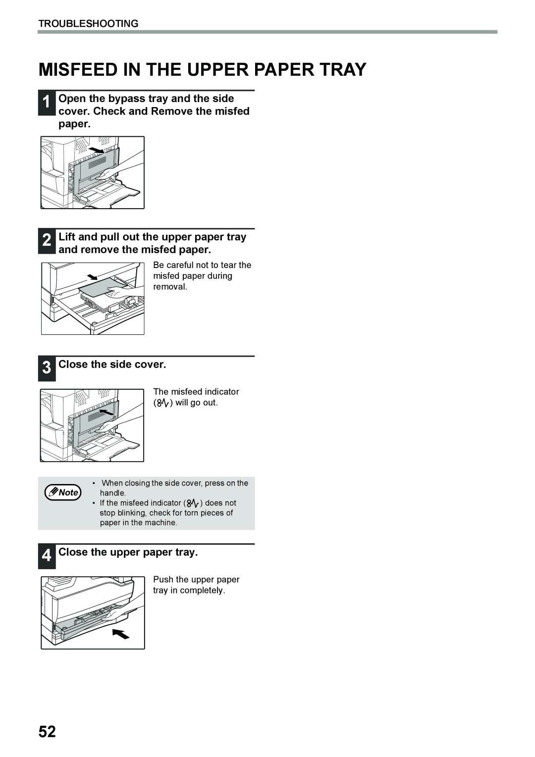 Toshiba e-STUDIO161 Misfeed in the Upper Paper Tray, Close the upper paper tray, Push the upper paper tray in completely 