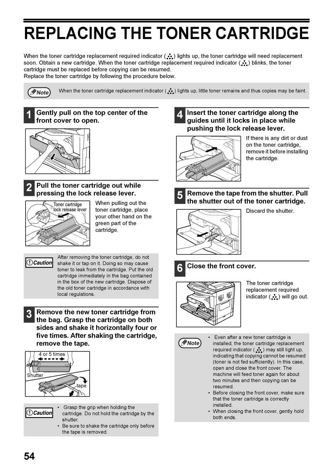 Toshiba e-STUDIO161 manual Replacing the Toner Cartridge, Close the front cover 