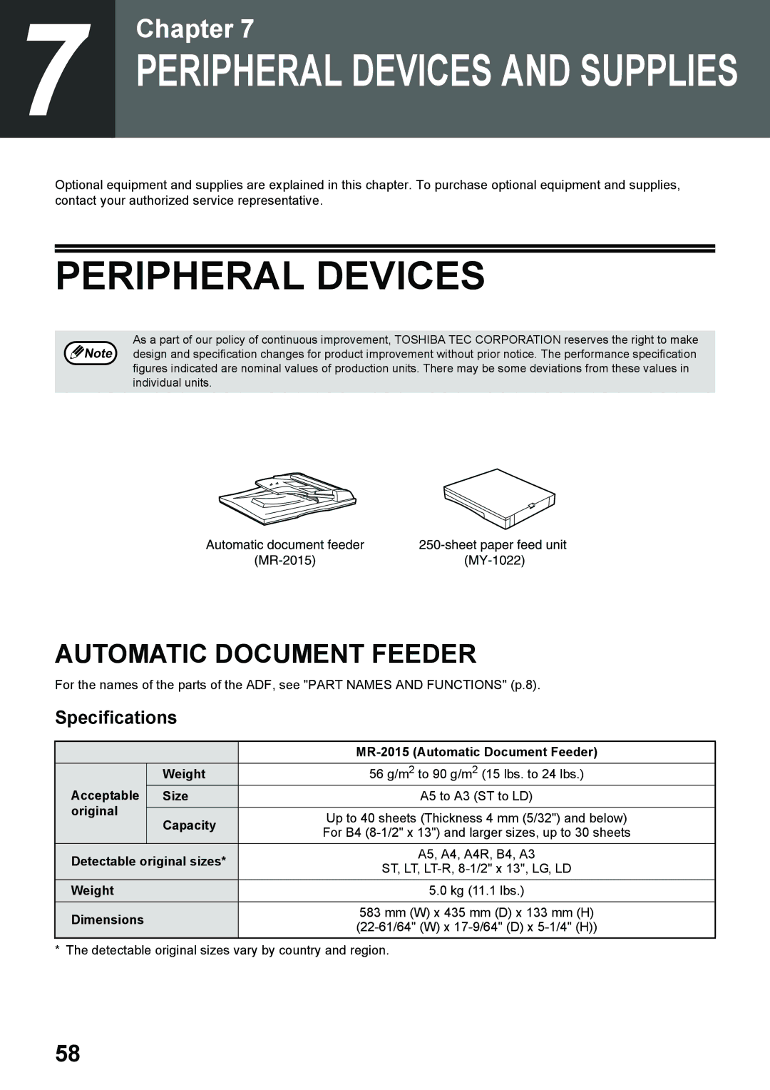 Toshiba e-STUDIO161 manual Peripheral Devices, Automatic Document Feeder, Specifications 