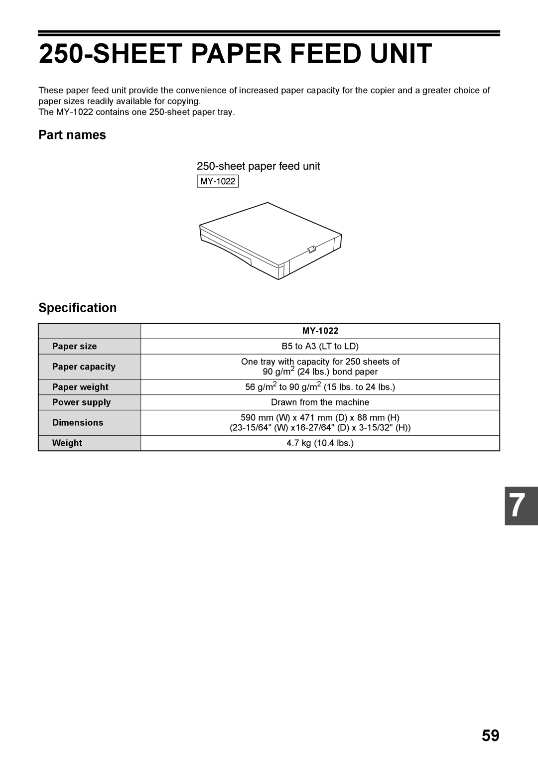 Toshiba e-STUDIO161 manual Sheet Paper Feed Unit, Part names Specification 