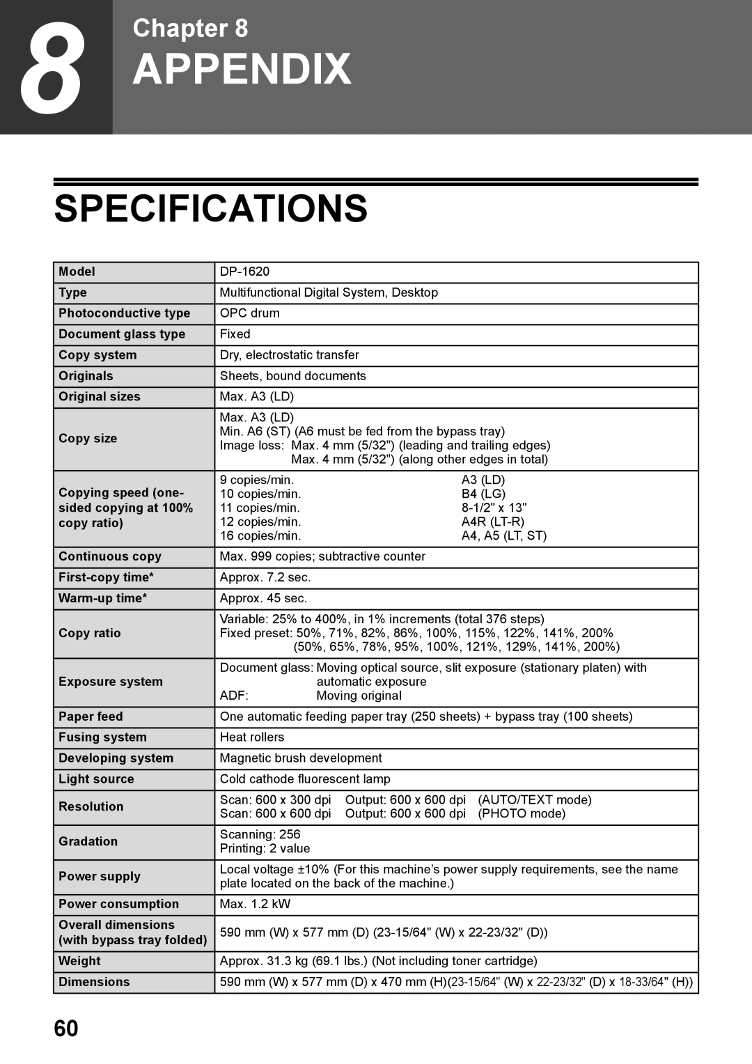 Toshiba e-STUDIO161 manual Specifications 