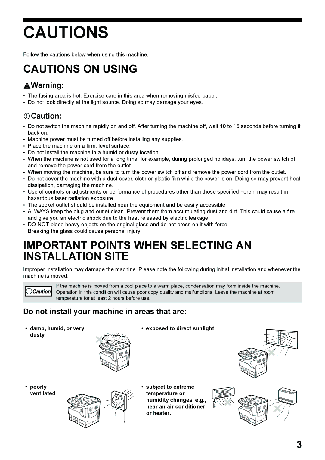 Toshiba e-STUDIO161 Important Points When Selecting AN Installation Site, Do not install your machine in areas that are 