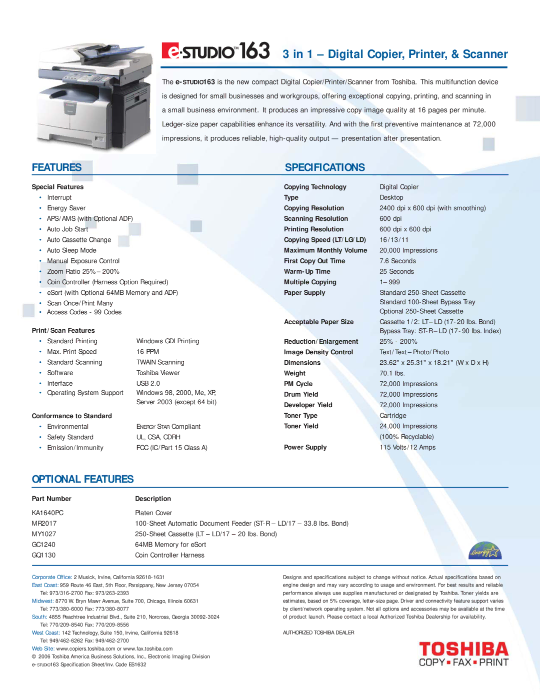 Toshiba e-STUDIO163 manual Features Specifications, Optional Features 