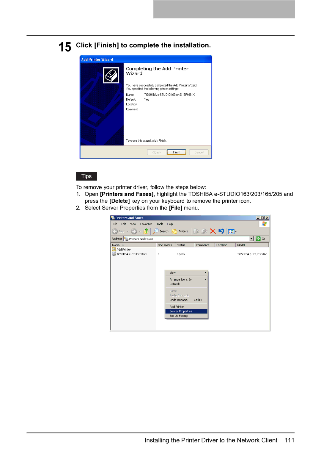 Toshiba e-STUDIO163/203 manual Click Finish to complete the installation 