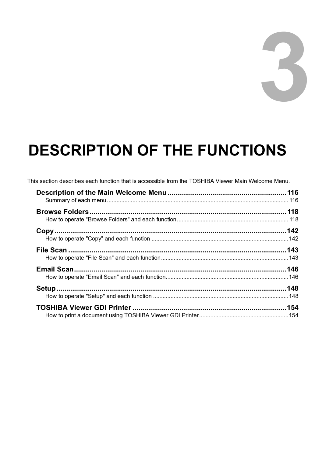 Toshiba e-STUDIO163/203 manual 116, Browse Folders 118, Copy 142, File Scan 143, Email Scan 146, Setup 148 