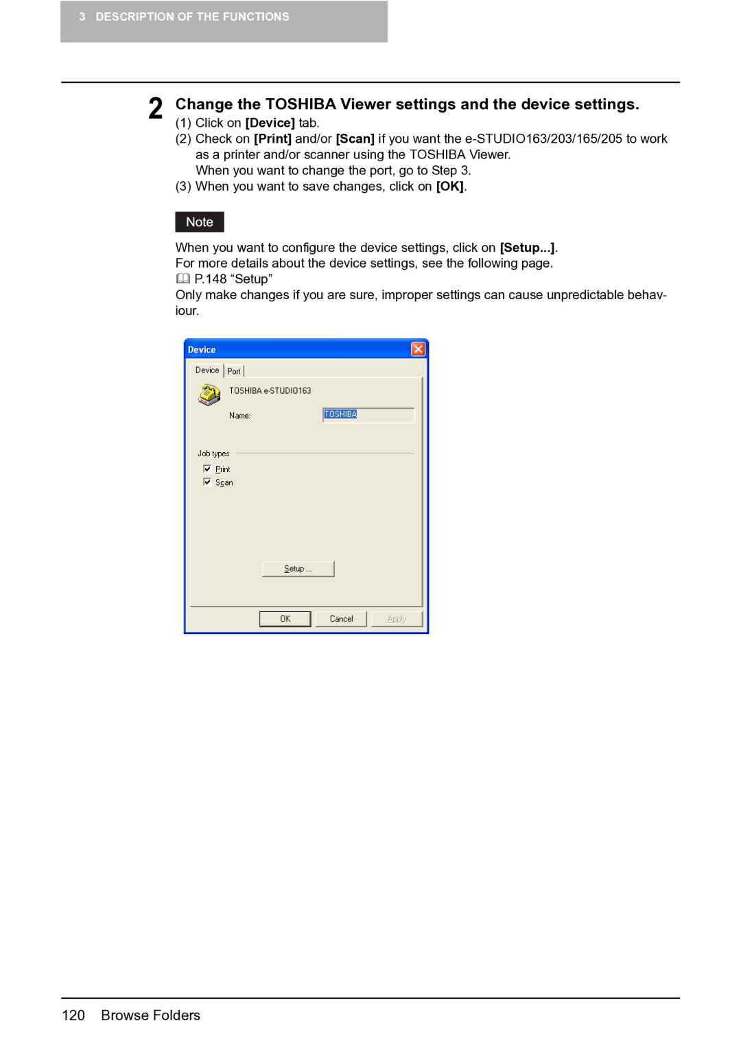 Toshiba e-STUDIO163/203 manual Change the Toshiba Viewer settings and the device settings 