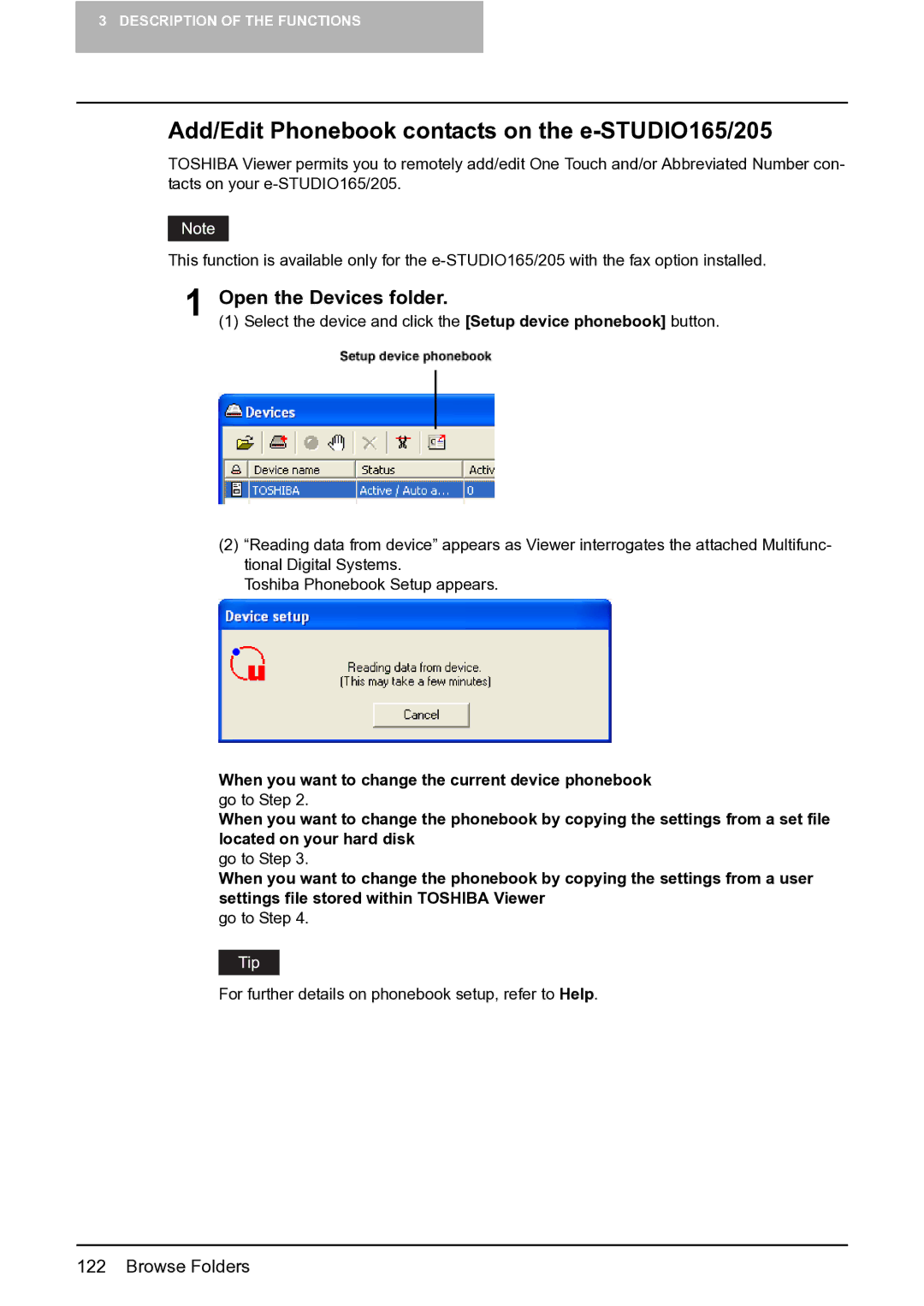 Toshiba e-STUDIO163/203 manual Add/Edit Phonebook contacts on the e-STUDIO165/205, Open the Devices folder 