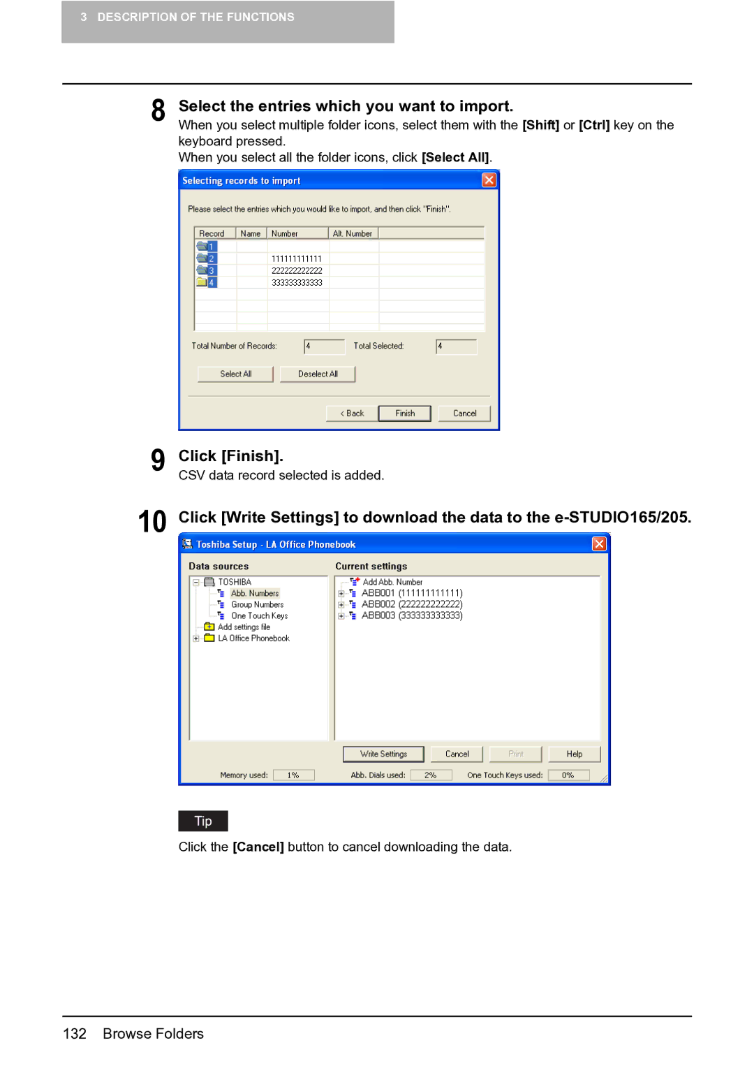 Toshiba e-STUDIO163/203 manual Select the entries which you want to import, Click Finish 