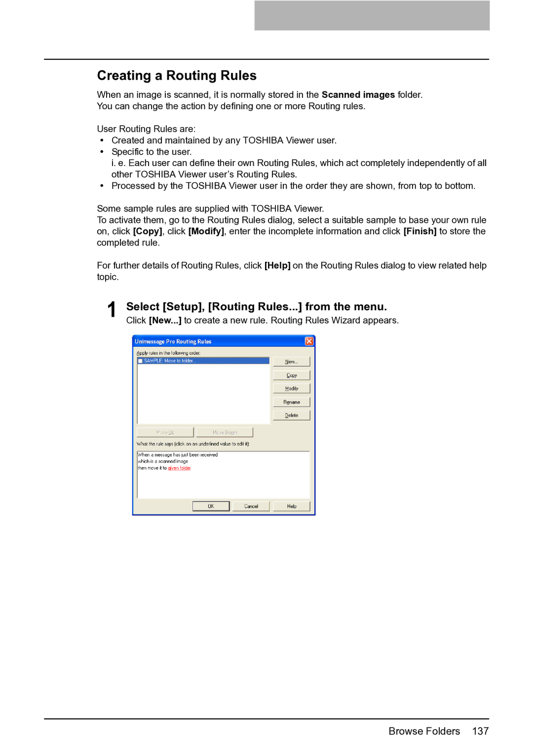 Toshiba e-STUDIO163/203 manual Creating a Routing Rules 