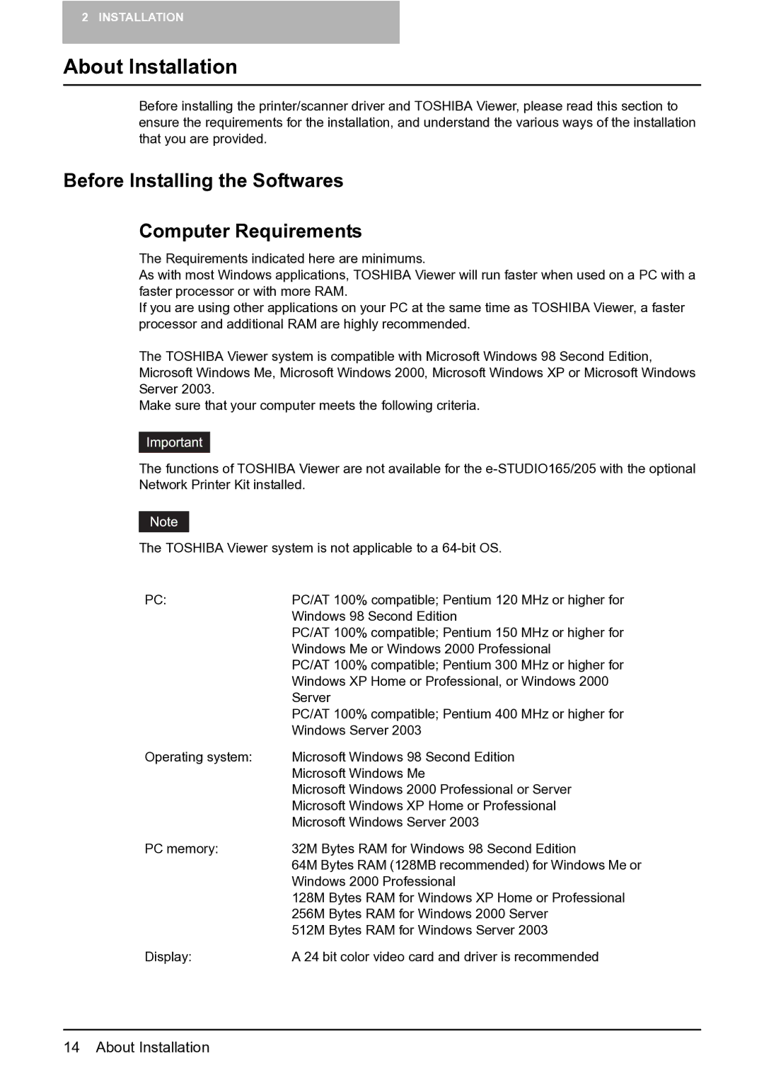 Toshiba e-STUDIO163/203 manual About Installation, Before Installing the Softwares Computer Requirements 