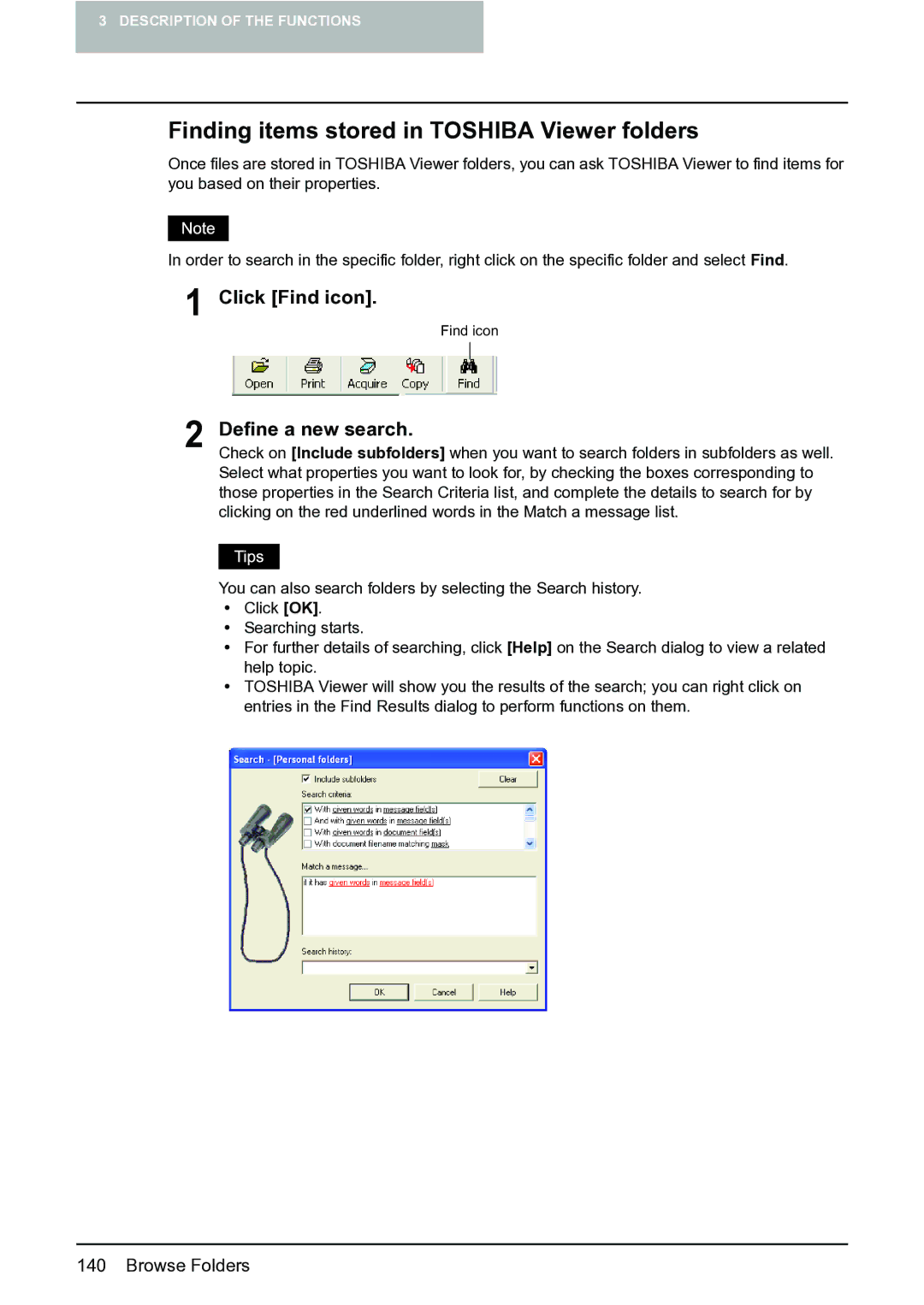 Toshiba e-STUDIO163/203 manual Finding items stored in Toshiba Viewer folders, Click Find icon, Define a new search 