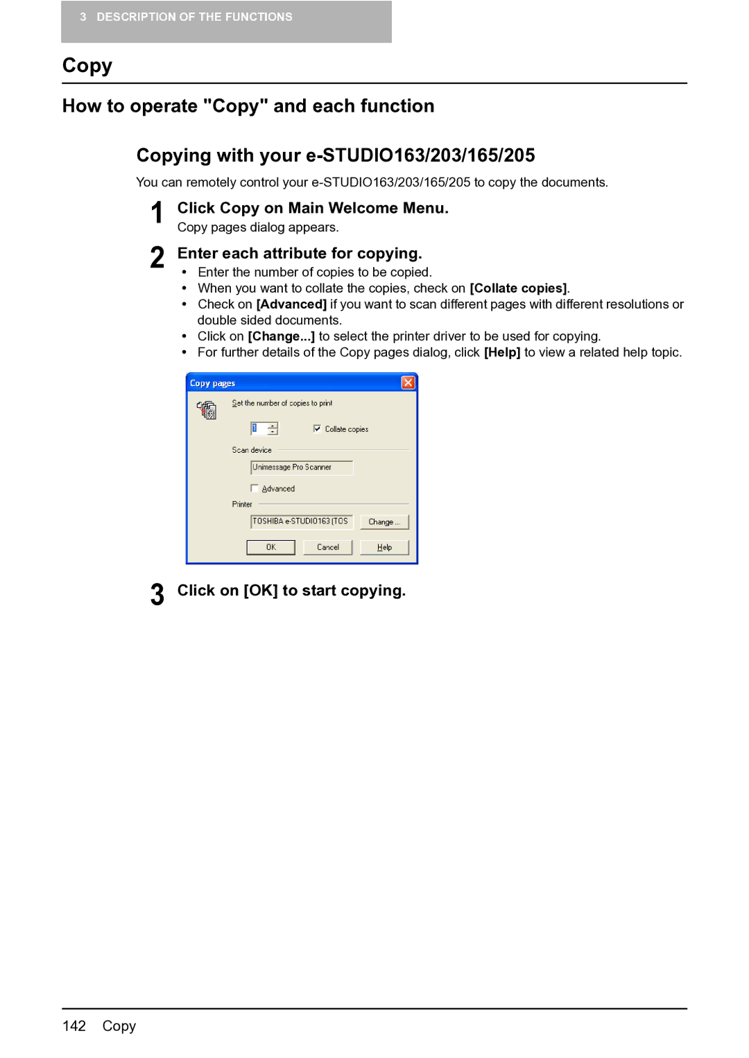 Toshiba e-STUDIO163/203 manual Copy, Enter each attribute for copying, Click on OK to start copying 
