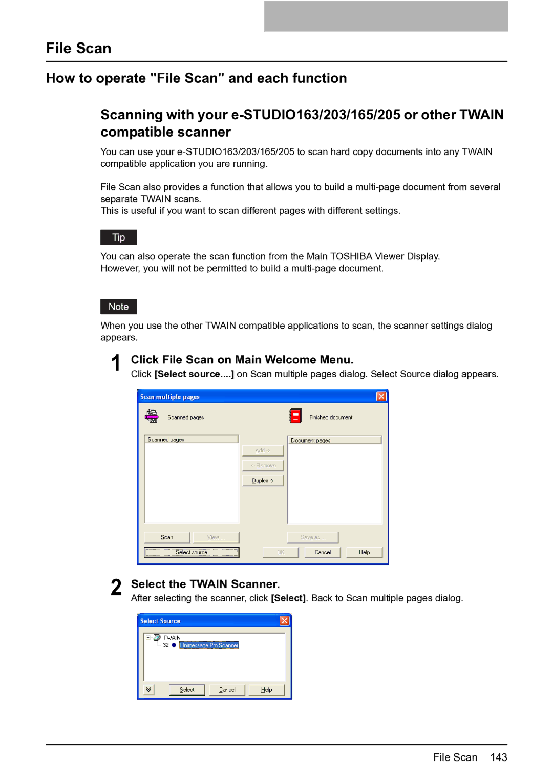 Toshiba e-STUDIO163/203 manual Click File Scan on Main Welcome Menu, Select the Twain Scanner 