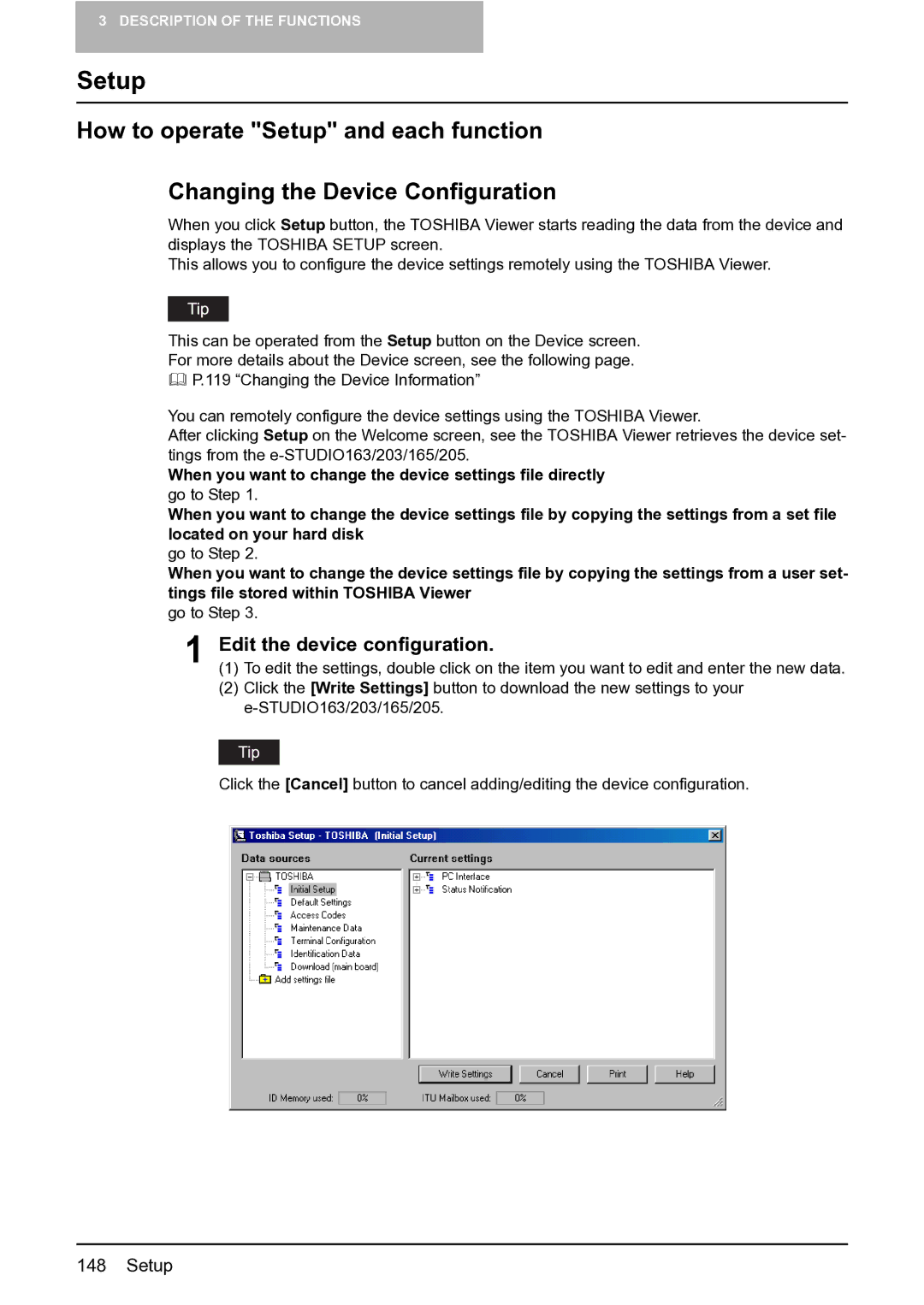 Toshiba e-STUDIO163/203 manual Setup, Edit the device configuration 