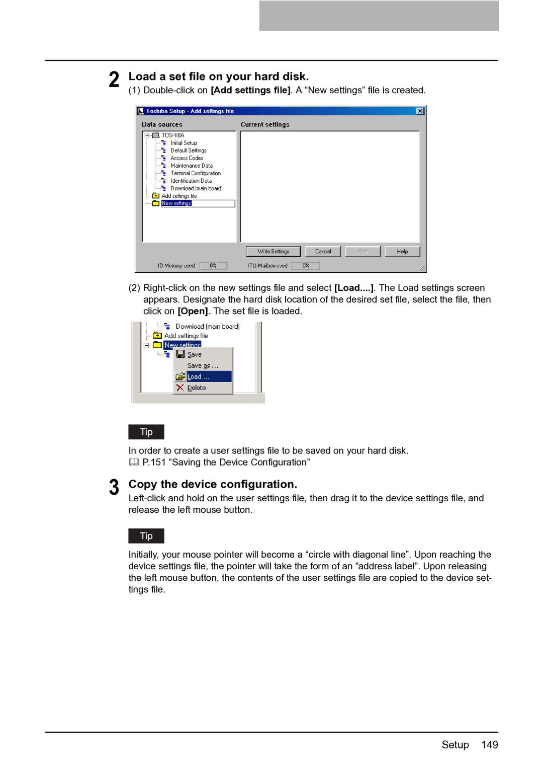 Toshiba e-STUDIO163/203 manual Load a set file on your hard disk, Copy the device configuration 