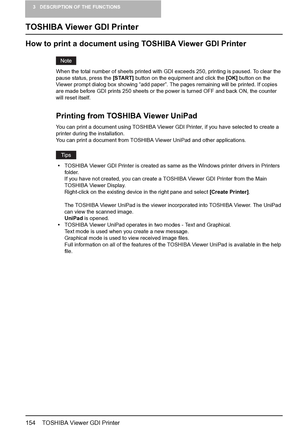 Toshiba e-STUDIO163/203 How to print a document using Toshiba Viewer GDI Printer, Printing from Toshiba Viewer UniPad 