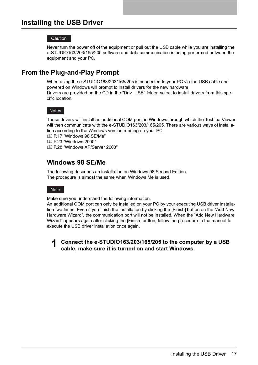 Toshiba e-STUDIO163/203 manual Installing the USB Driver, From the Plug-and-Play Prompt, Windows 98 SE/Me 