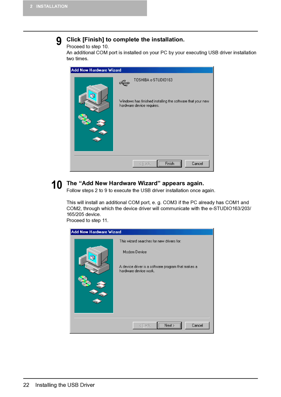 Toshiba e-STUDIO163/203 manual Click Finish to complete the installation, Add New Hardware Wizard appears again 
