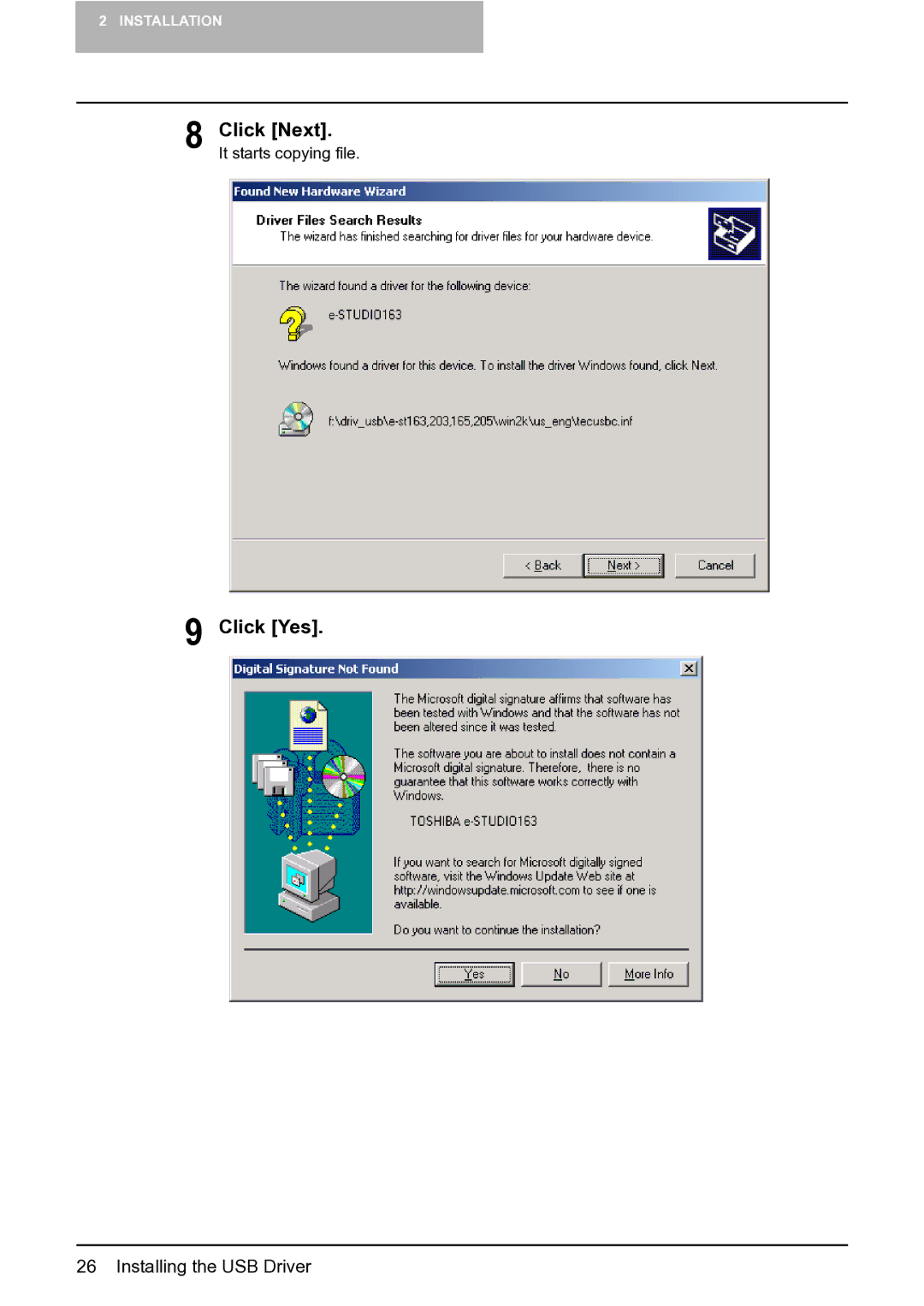 Toshiba e-STUDIO163/203 manual Click Next, Click Yes 