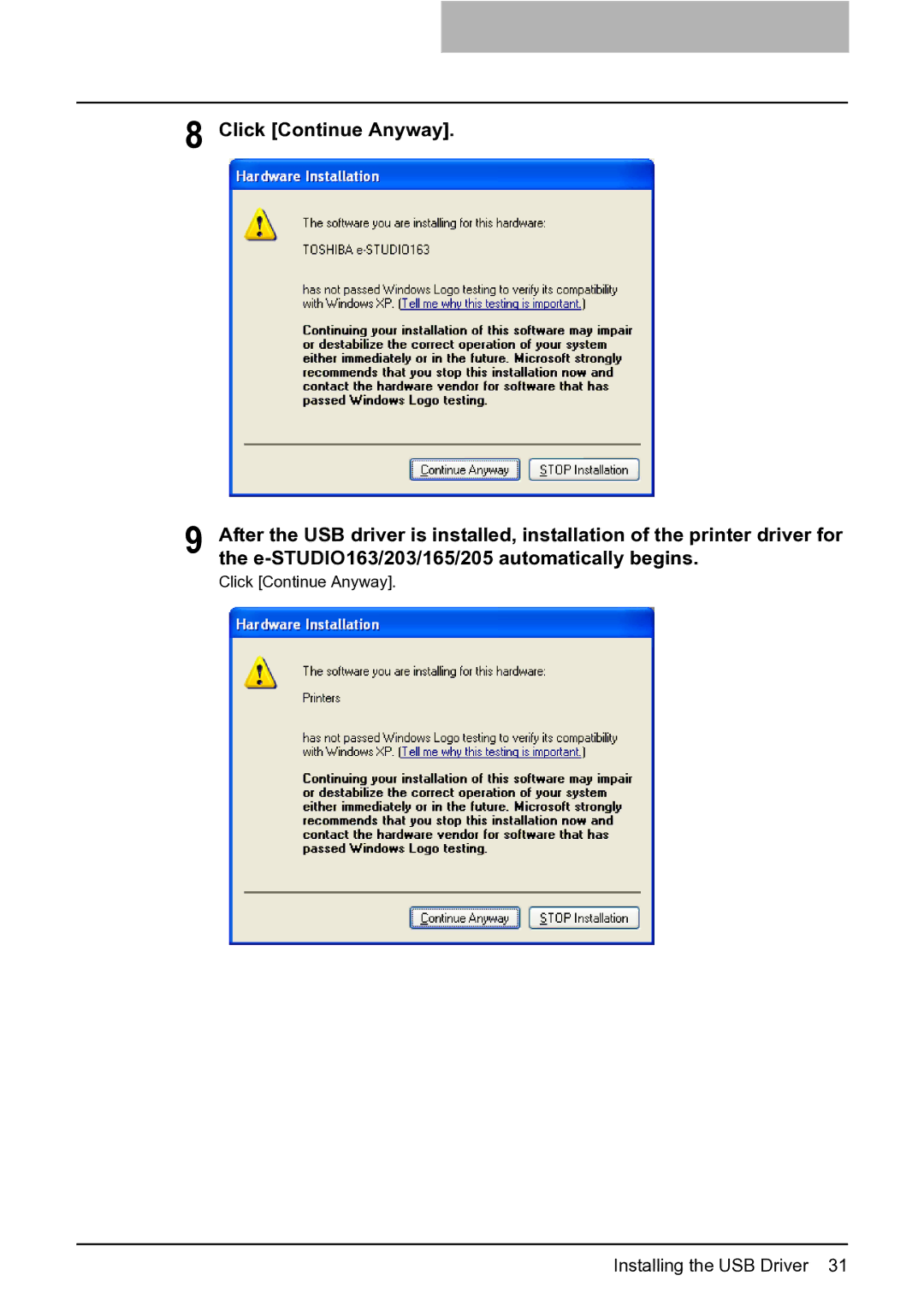 Toshiba e-STUDIO163/203 manual Click Continue Anyway, E-STUDIO163/203/165/205 automatically begins 