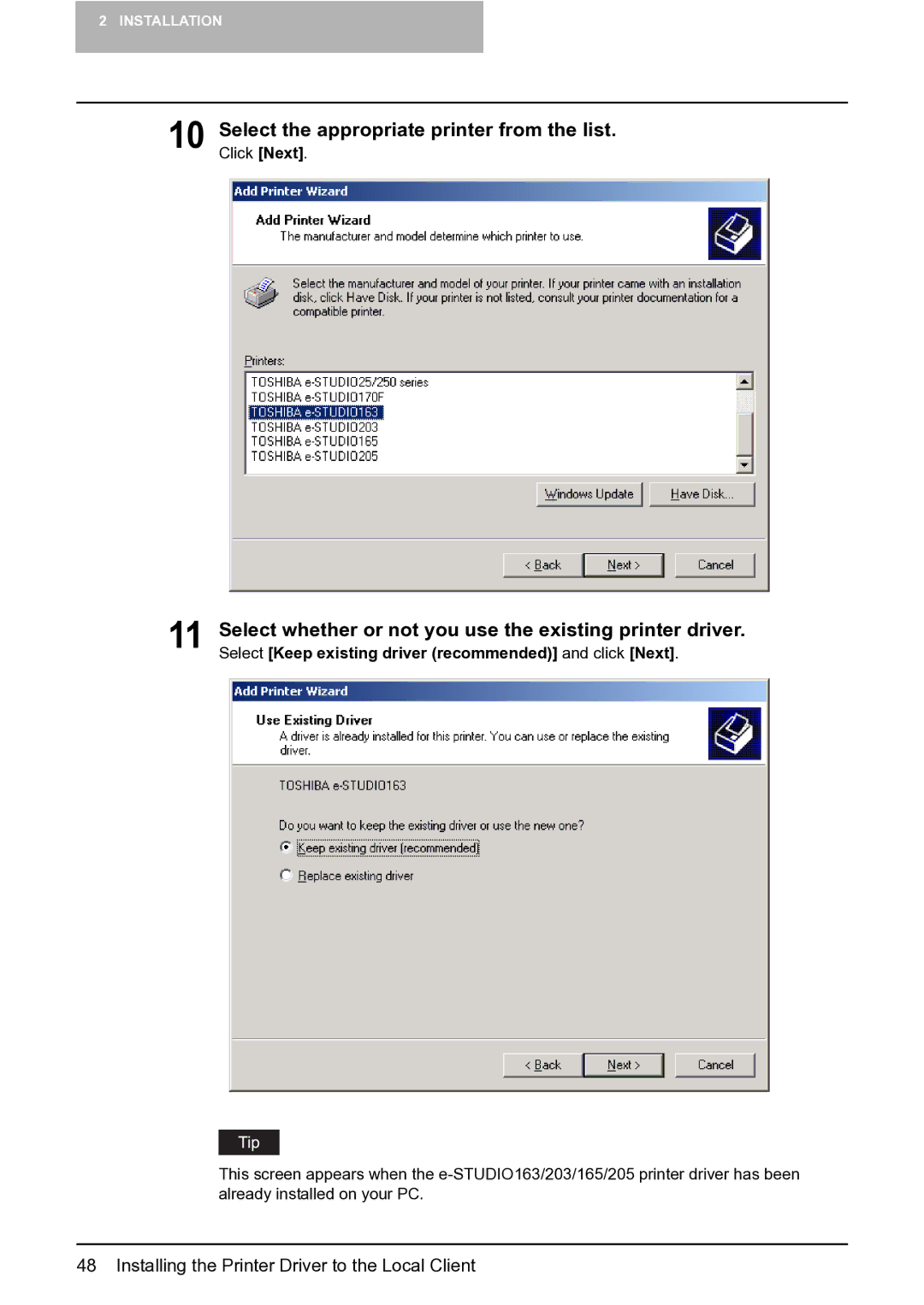 Toshiba e-STUDIO163/203 manual Select whether or not you use the existing printer driver 
