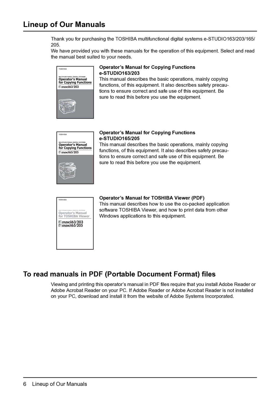 Toshiba manual Lineup of Our Manuals, Operator’s Manual for Copying Functions e-STUDIO163/203 