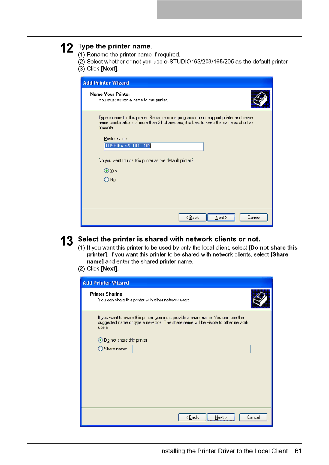 Toshiba e-STUDIO163/203 manual Type the printer name, Select the printer is shared with network clients or not 