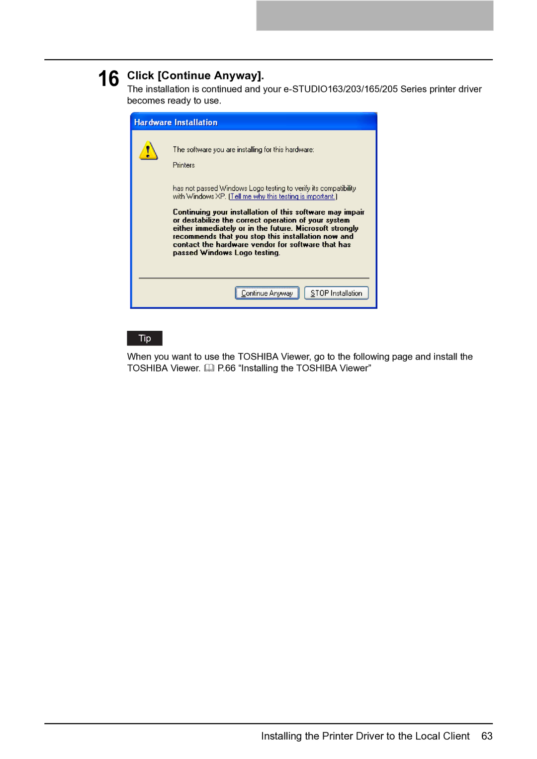 Toshiba e-STUDIO163/203 manual Click Continue Anyway 