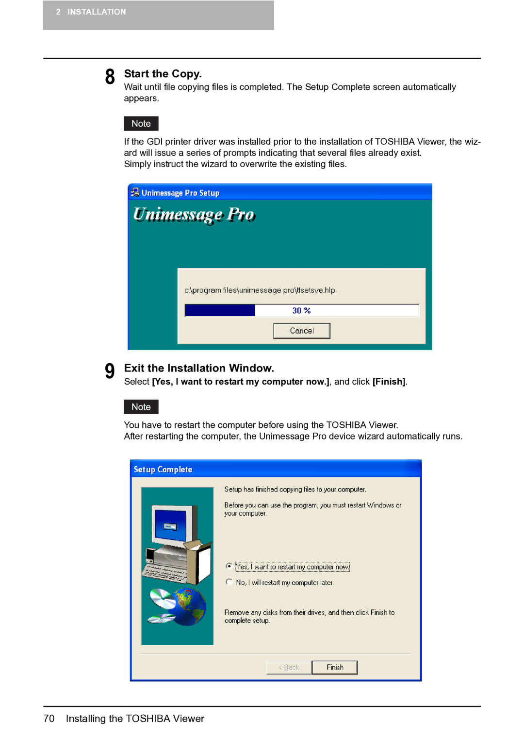 Toshiba e-STUDIO163/203 manual Start the Copy, Exit the Installation Window 