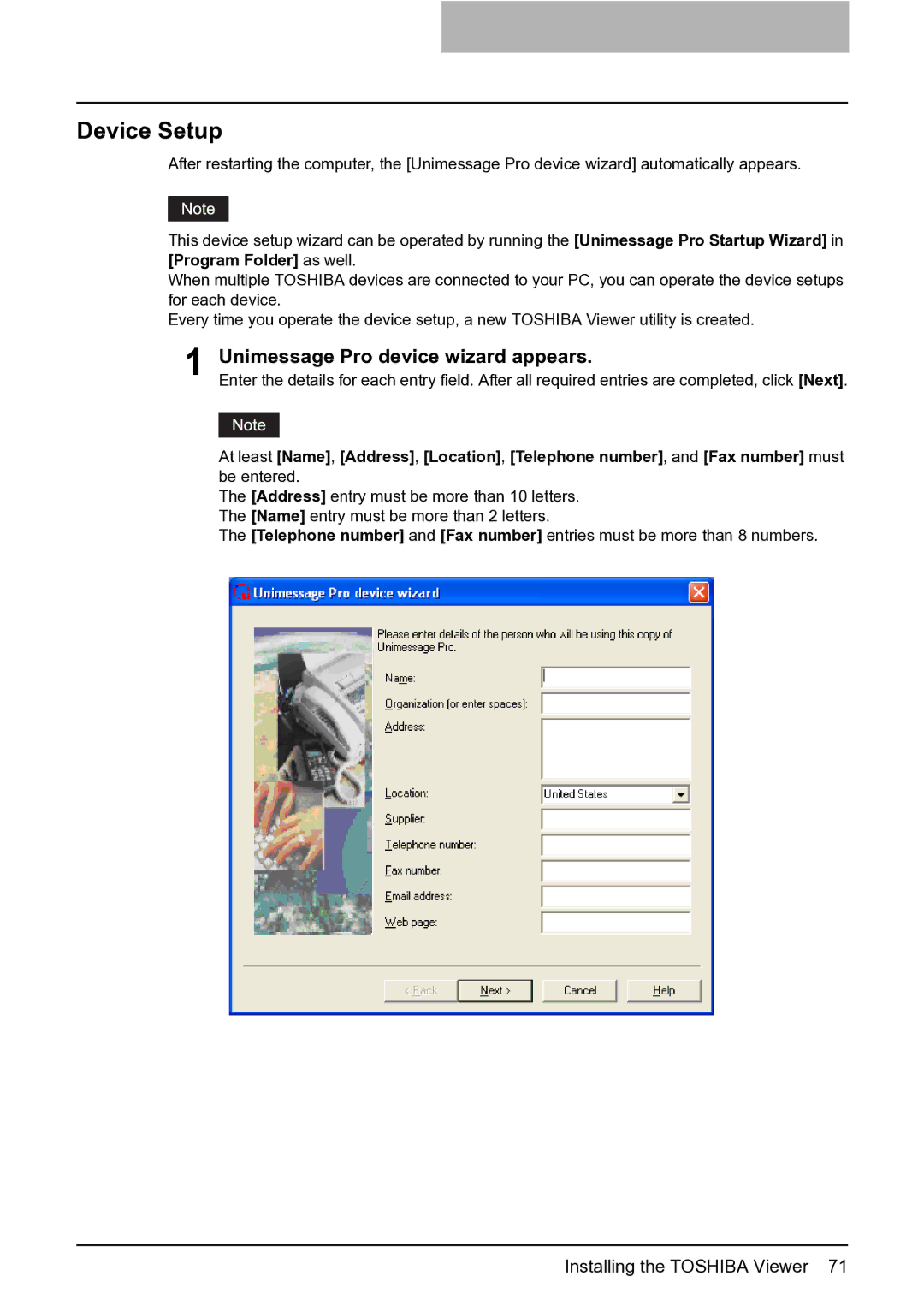 Toshiba e-STUDIO163/203 manual Device Setup, Unimessage Pro device wizard appears 