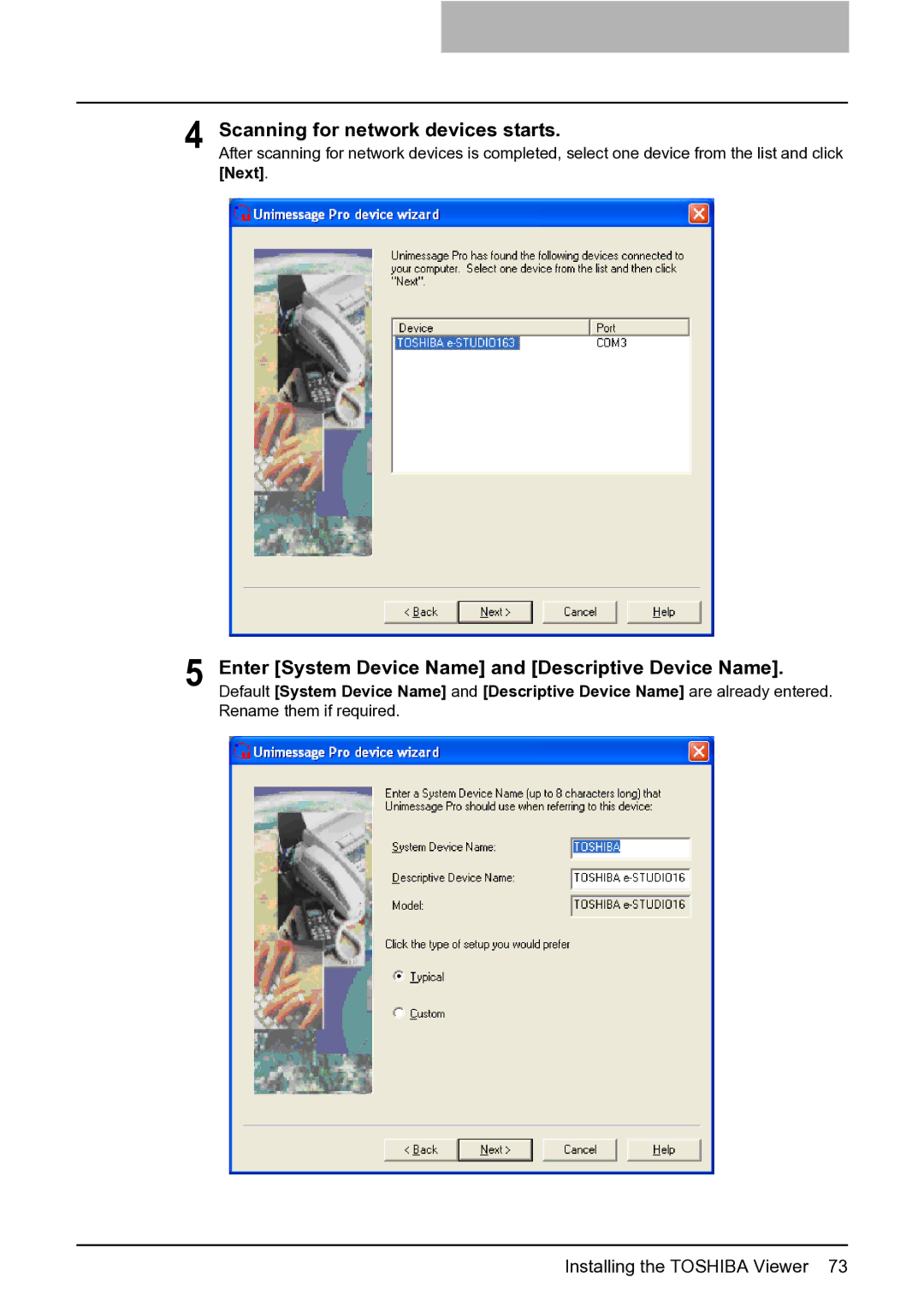 Toshiba e-STUDIO163/203 manual Scanning for network devices starts, Enter System Device Name and Descriptive Device Name 