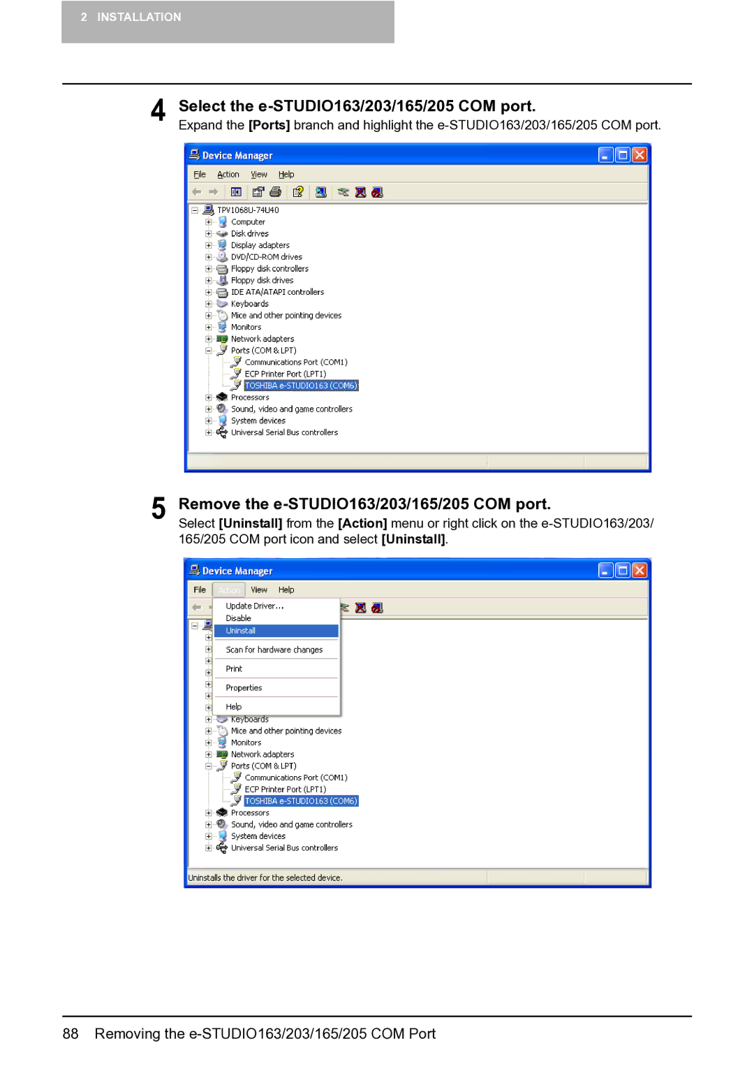 Toshiba manual Select the e-STUDIO163/203/165/205 COM port, Remove the e-STUDIO163/203/165/205 COM port 