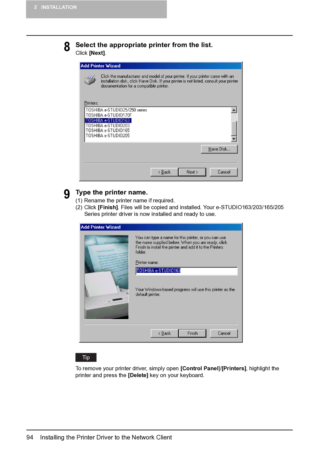 Toshiba e-STUDIO163/203 manual Rename the printer name if required 