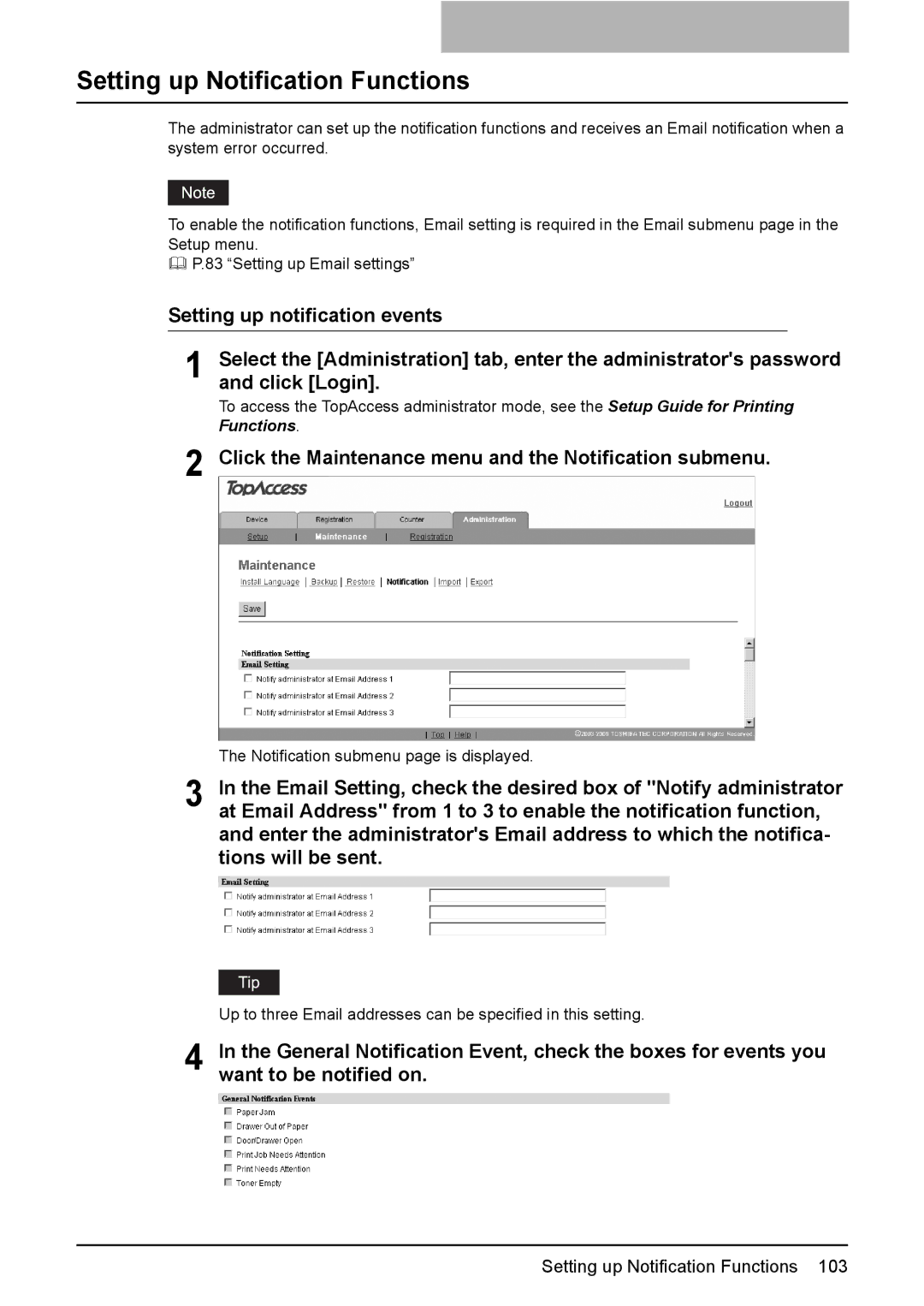 Toshiba e-Studio205 setup guide Setting up Notification Functions, Click the Maintenance menu and the Notification submenu 