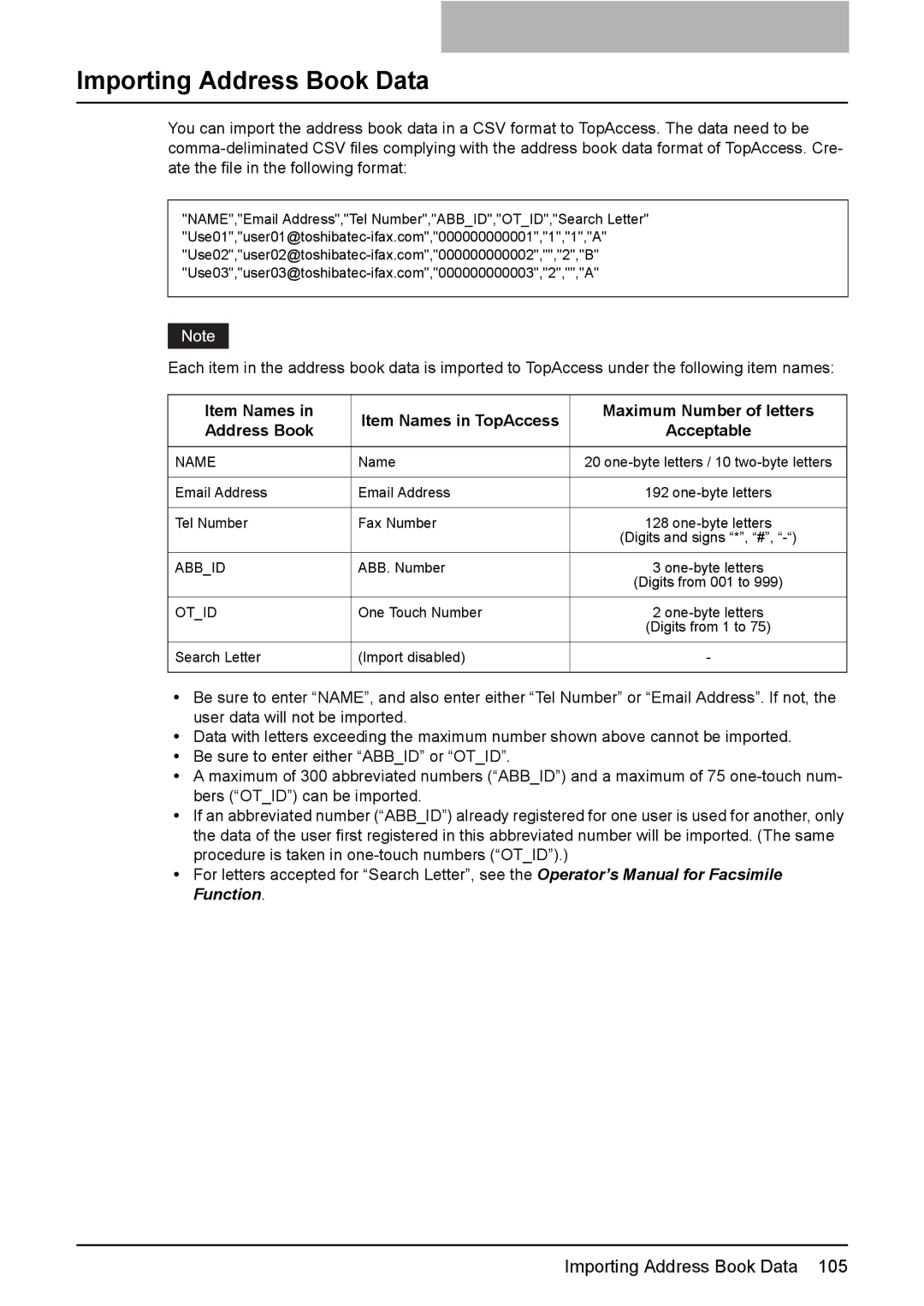 Toshiba e-Studio205, e-Studio165 setup guide Importing Address Book Data, Acceptable 