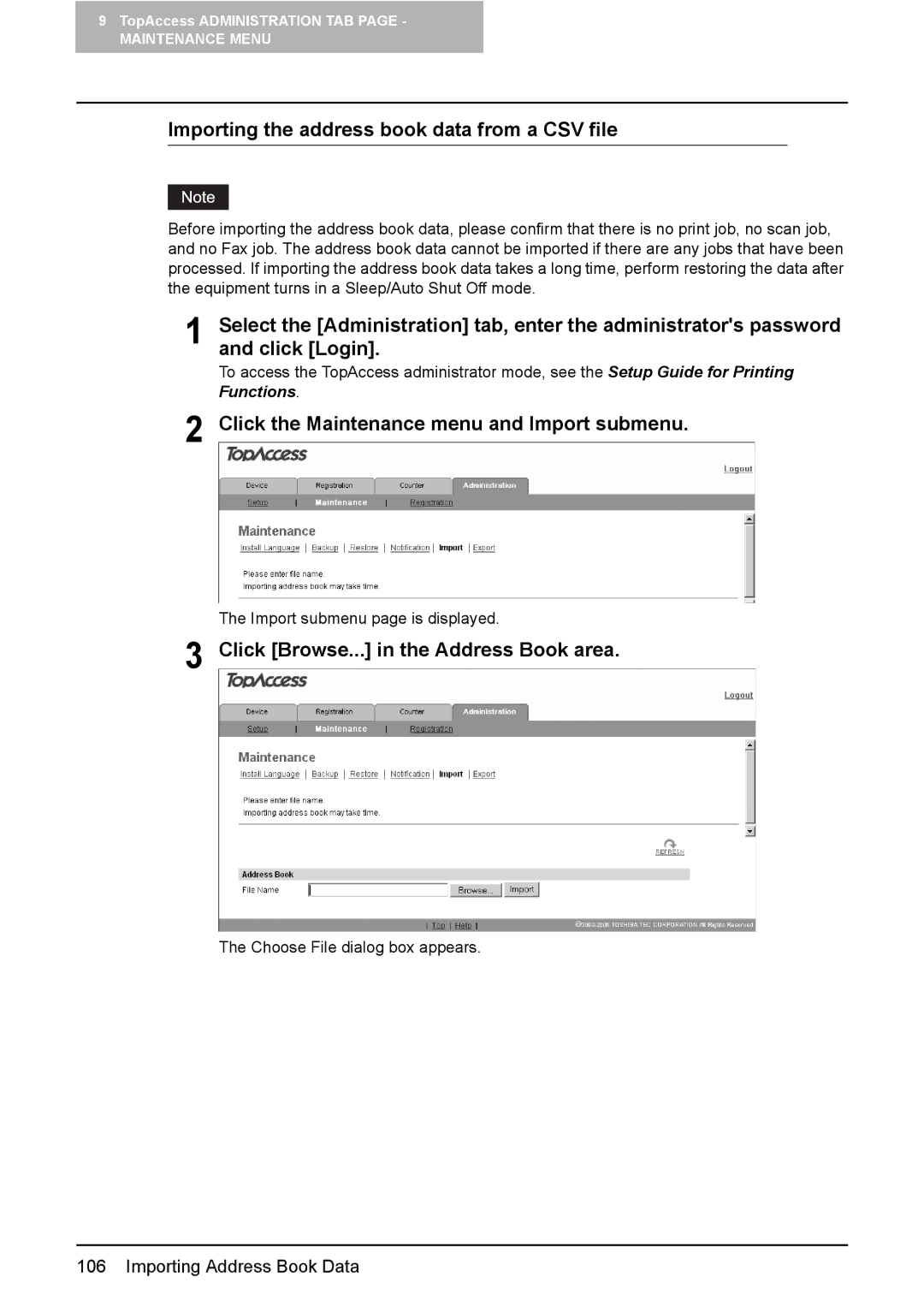 Toshiba e-Studio165 Importing the address book data from a CSV file, Click the Maintenance menu and Import submenu 