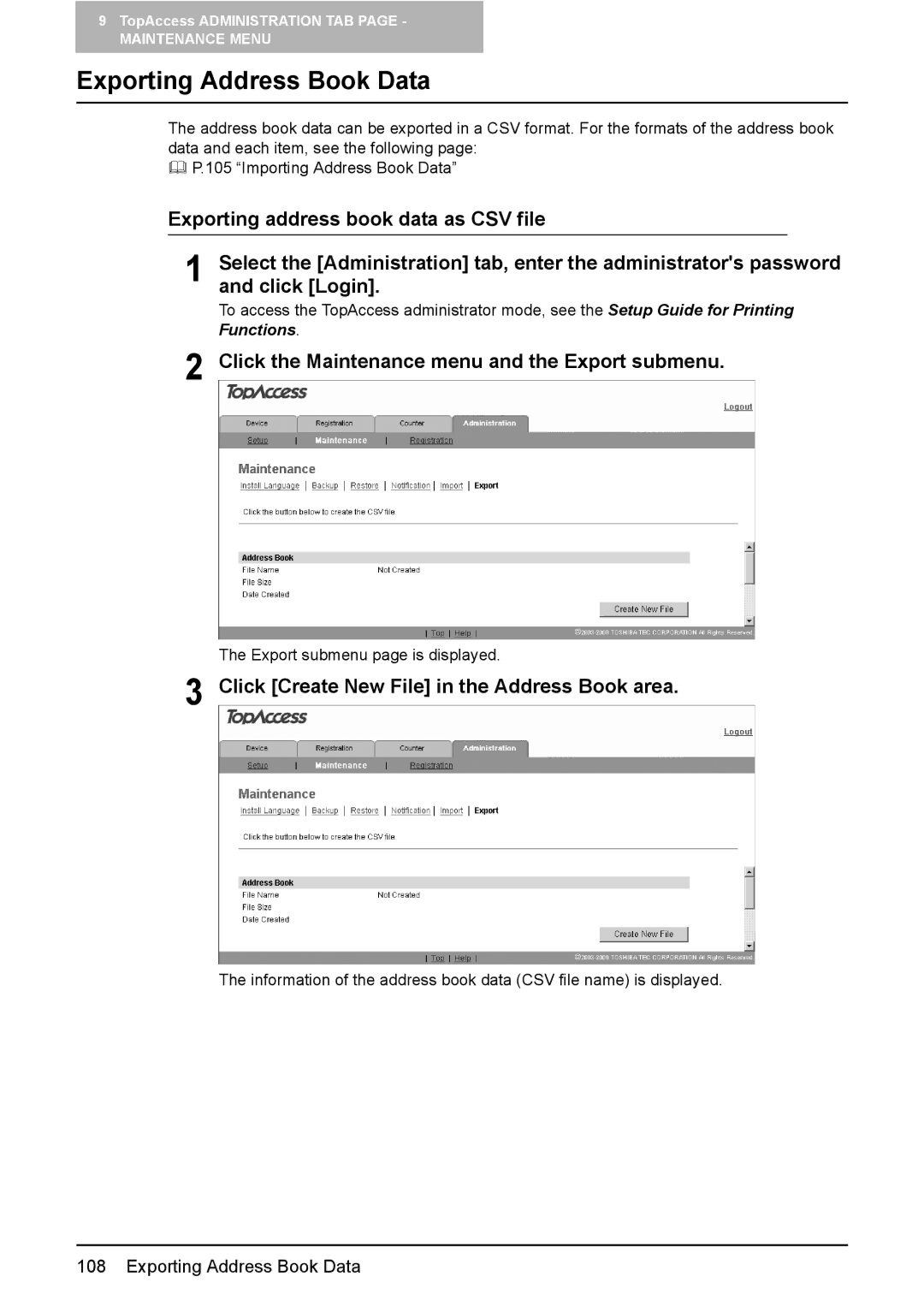 Toshiba e-Studio165, e-Studio205 setup guide Exporting Address Book Data, Click the Maintenance menu and the Export submenu 