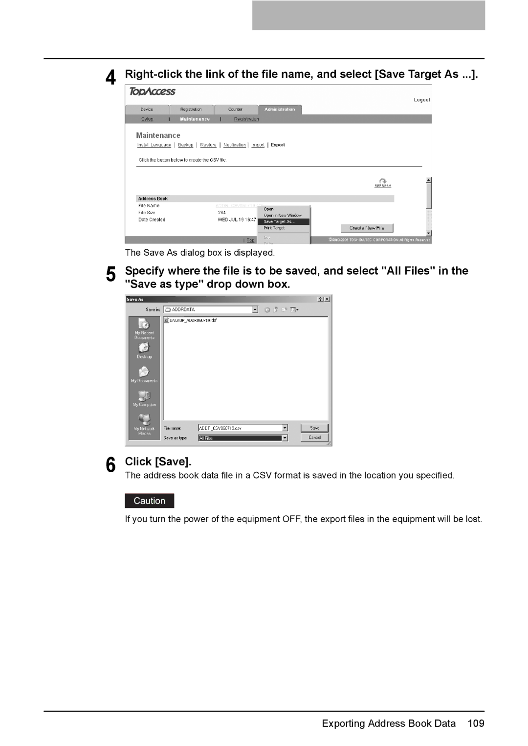 Toshiba e-Studio205, e-Studio165 setup guide Save As dialog box is displayed 