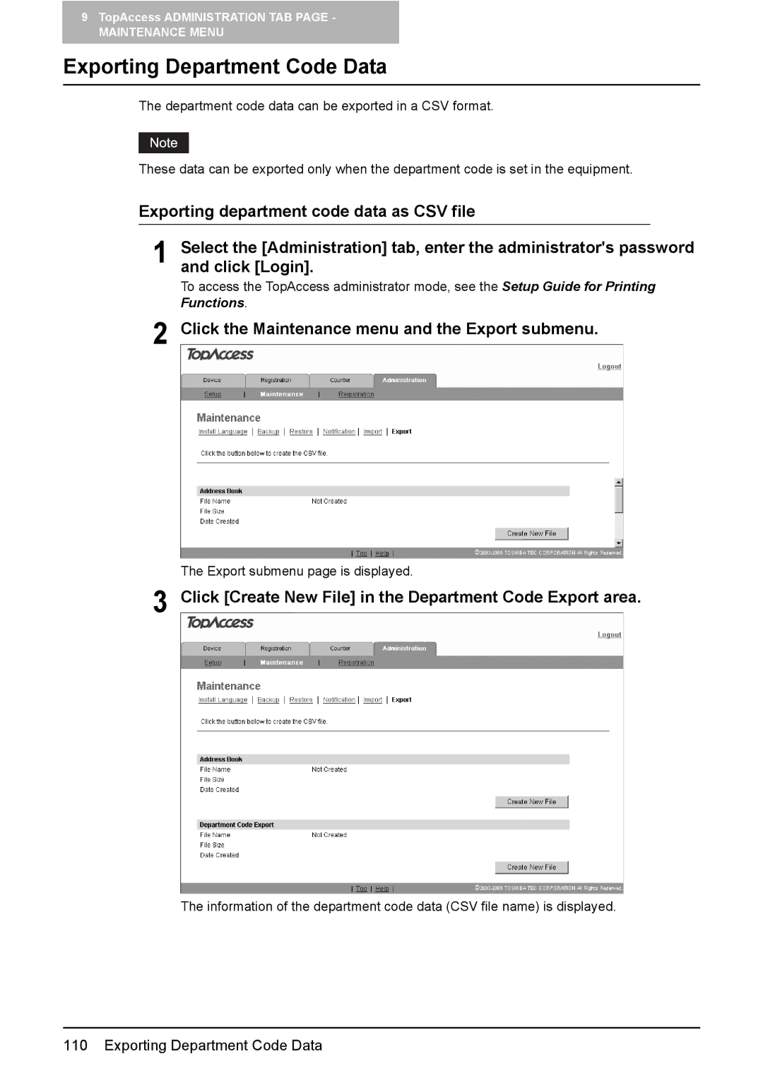 Toshiba e-Studio165, e-Studio205 Exporting Department Code Data, Click Create New File in the Department Code Export area 