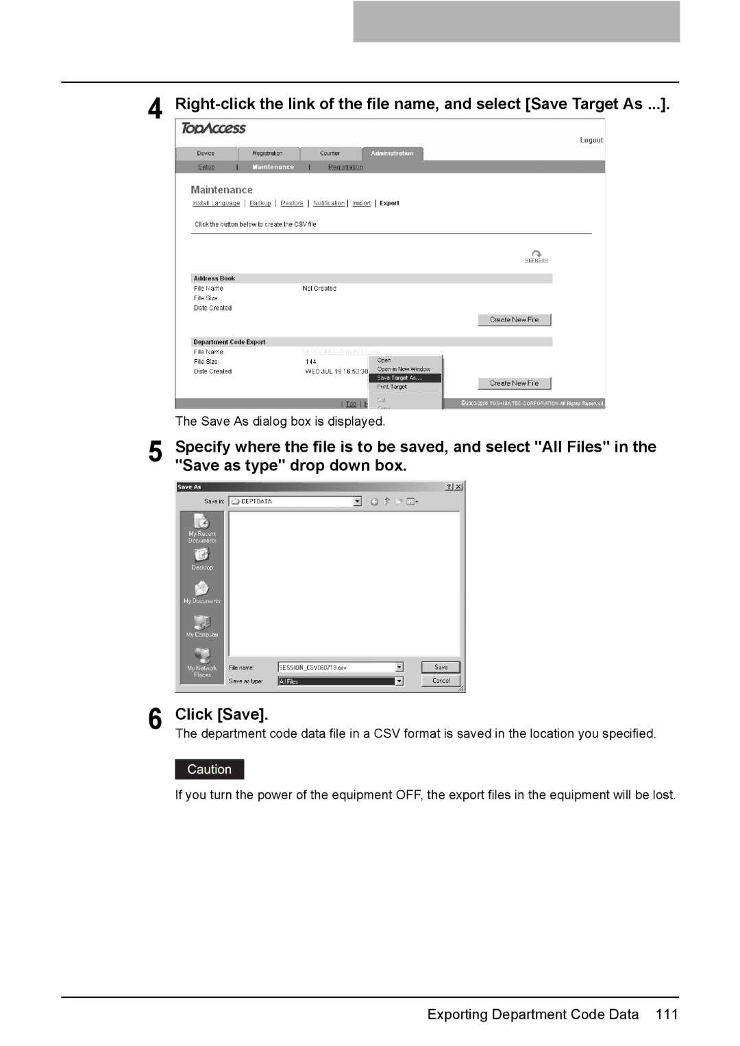 Toshiba e-Studio205, e-Studio165 setup guide Exporting Department Code Data 